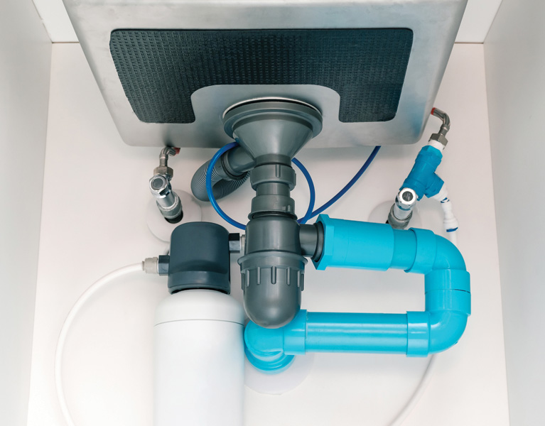 Under sink plumbing and drainage system, water purification system